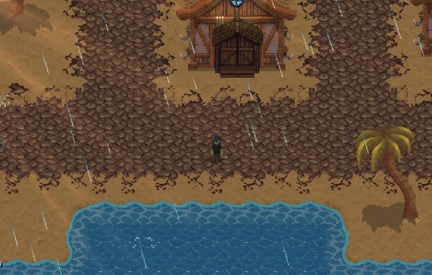 The protagonist explores a rain-soaked shore near a cave entrance