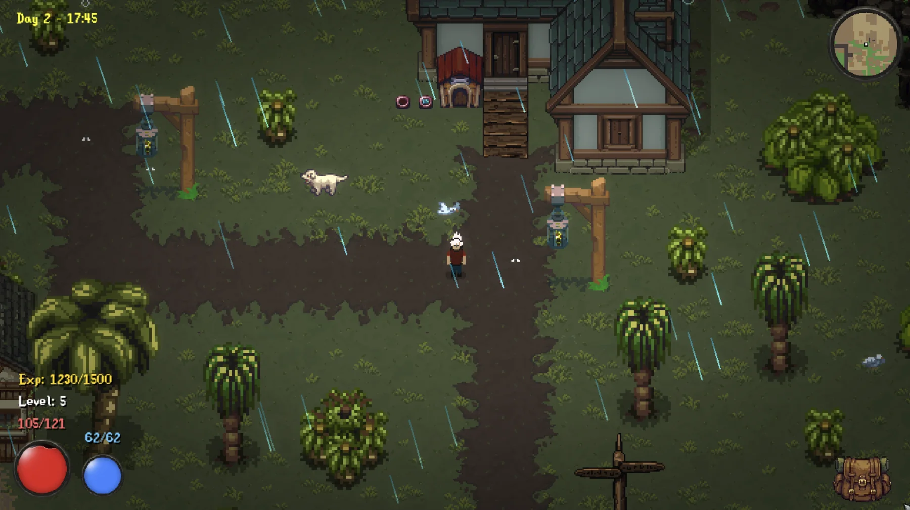 The protagonist walks through The Cove in the rain near homes and animals