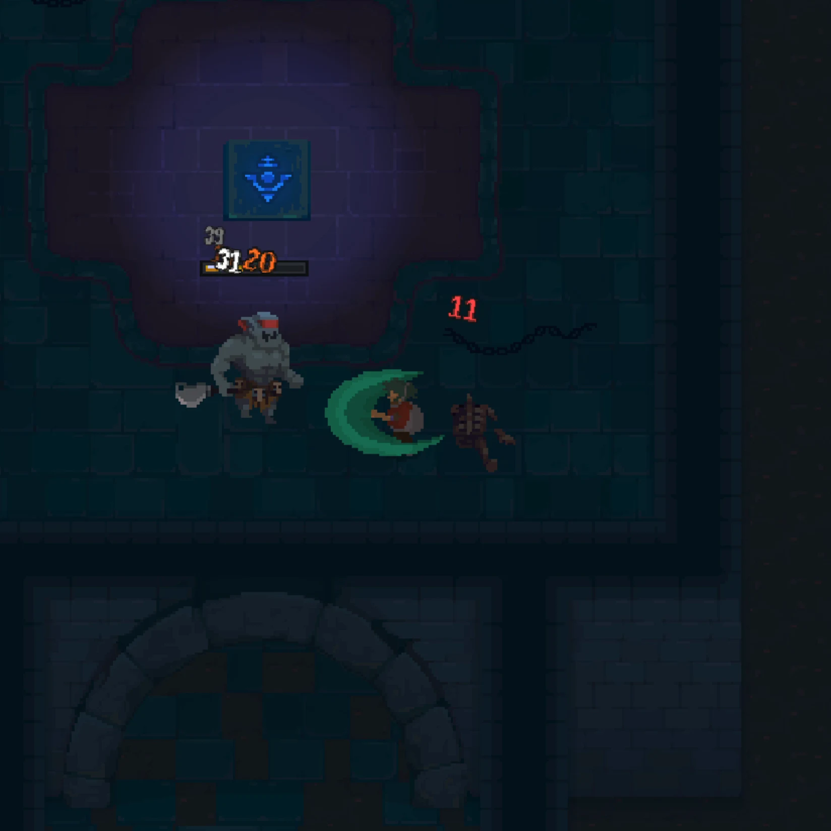 The protagonist strikes a beast inside a dark dungeon
