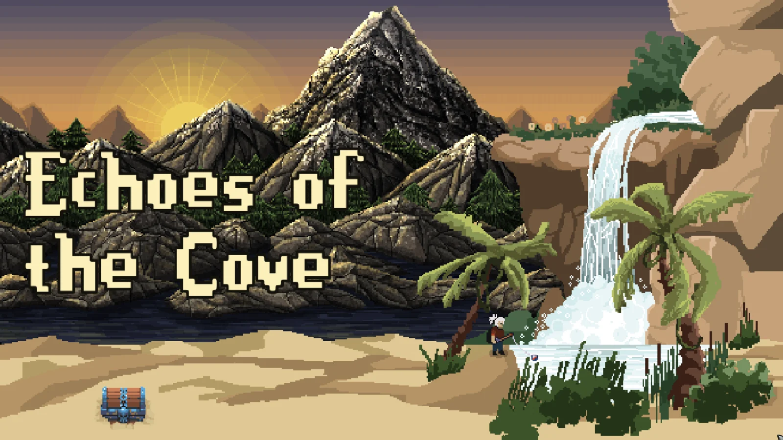 Echoes of the Cove key art with the protagonist beside a waterfall